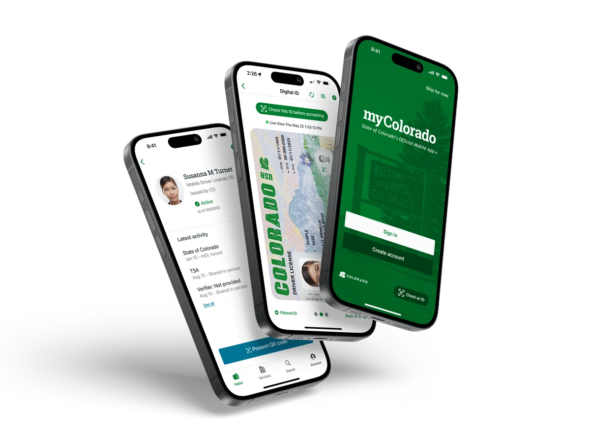 Three phones showing the myColorado mobile driver’s license, Colorado Digital ID, and sign-in experience.